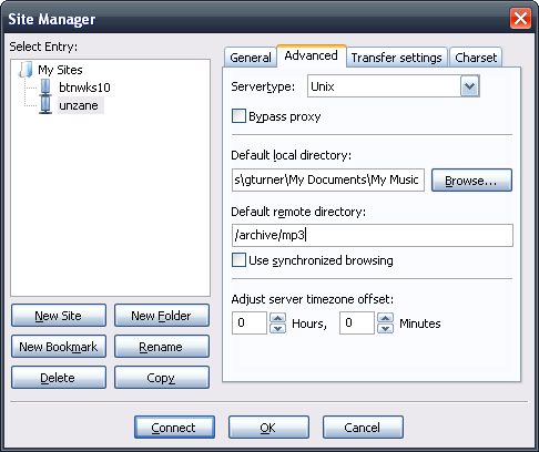 FileZilla Site Manager → Advanced tab