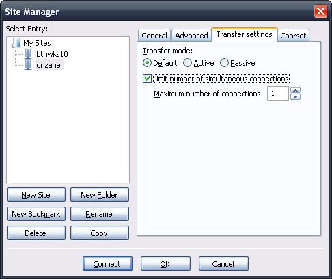 FileZilla Site Manager → Transfer settings tab