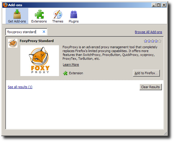 Firefox add-ons search for FoxyProxy