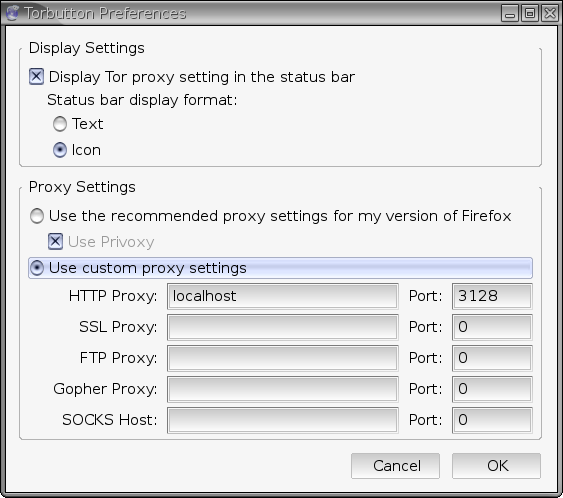Torbutton preferences with localhost:3128 setting